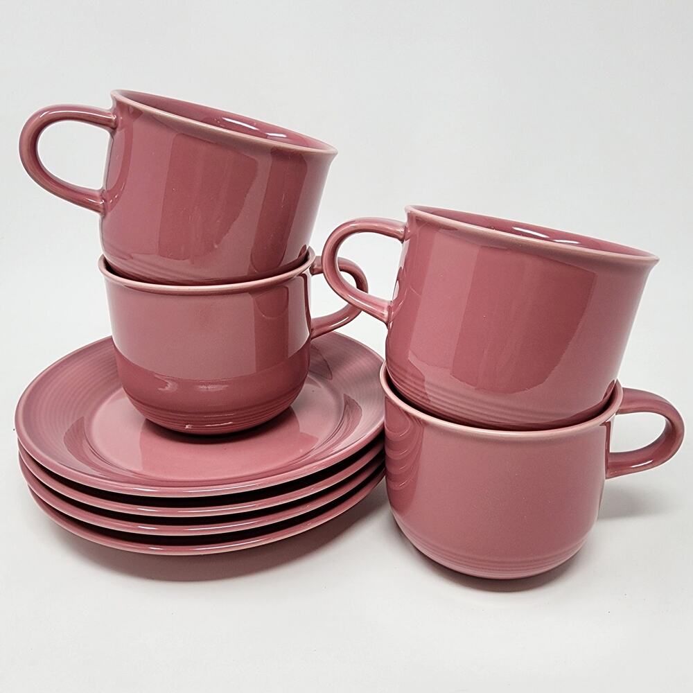 Nancy Calhoun Cup Saucer Set of 4 Solid Dark Rose Pink VTG Stoneware Japan EUC